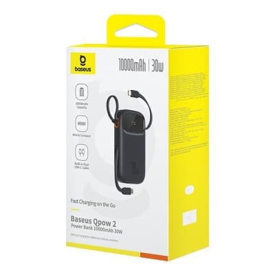 Baseus PowerBank QPow 2 - 30W 10000mAh Power Bank USB-C Cables intégré Batterie Externe - Black