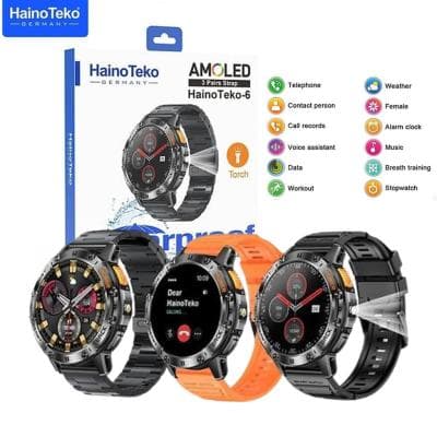 Montre Connectée HainoTeko-6 AMOLED, 3 Paires de Bracelets, Lampe Intégrée