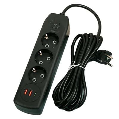 Multiprise Rallonge 3 Ports Prise AC 2500W + Chargeur AUTO-ID 2.1A 2 x USB + USB-C PD 2m Q602
