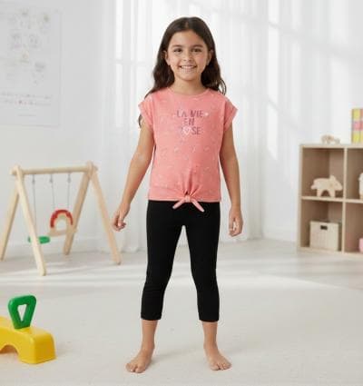 Vertbaudet Ensemble Fille T Shirt et Leggings mi mollets, Oeko-Tex, Rose Imprimé, Produit original