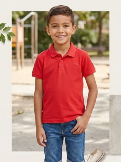 Vertbaudet Polo Manches Courtes Garçon, Broderie Poitrine, Rouge, Produit Original