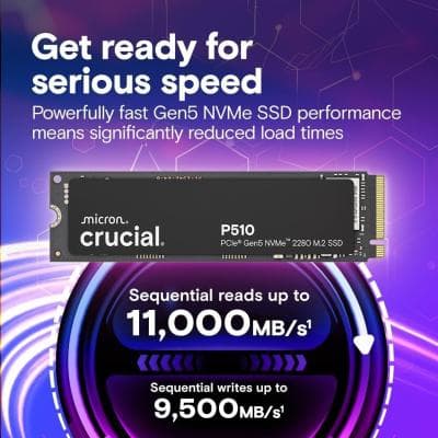SSD Crucial P510 1TB NVMe M.2 PCIe 5.0 x4 Gen5, Read/Write Speeds up to 11,000/9,500 MB/s
