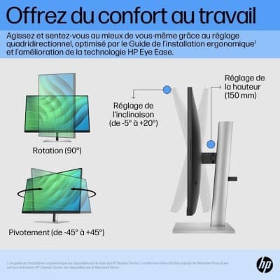 ECRAN HP 27 POUCES E27 G5 IPS COMMANDES A L ECRAN ANTIREFLET HAUTEUR INCLINAISON ROTATION PIVOTEMENT