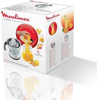 Presse-agrumes Vitapress Moulinex, double cône rotatif, 2 filtres à pulpe réglables, capacité XXL de 1 L, démarrage/arrêt automatique, système anti-goutte, rangement compact