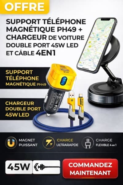 offre Support à ventouse Magnétique + Chargeur Rapide 45W LED Double Port avec Câble 4en1