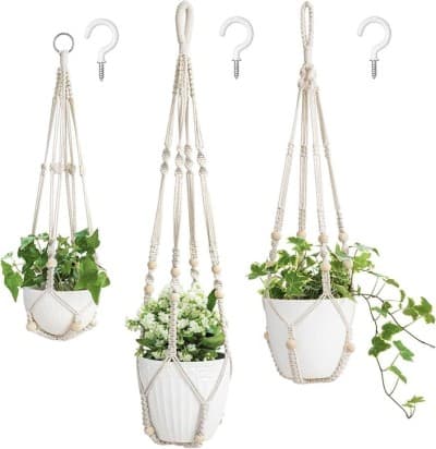 Lot de 2 décoration suspendue pour pot de fleurs d'intérieur et extérieure avec perles en bois - Support de pot de fleurs décoratif pour décoration d'intérieur