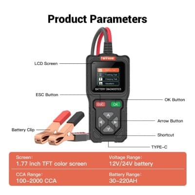JDIAG TopDiag BT105 Battery Tester 12V 24V Gel AGM Load Tester Analyzer US