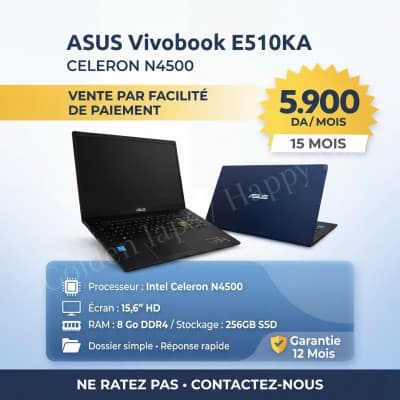 Pc Portable ASUS Vivobook E510KA Celeron N4500- Vente par facilité 0% intérêt - 8GO RAM - 256Go SSD- 15,6'' - Neuf -Garantie 12 Mois