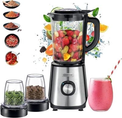 Kenwood Mixeur en Verre 1000W , Smoothie 1,5L avec Moulin à Épices, Hachoir, Fonction Crush Glace