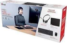 Trust Primo Kit Télétravail 4-en-1 Clavier Français AZERTY, Souris sans Fil, Casque avec Micro, Tapis, Pack de Visioconférence, Ensemble pour Bureau