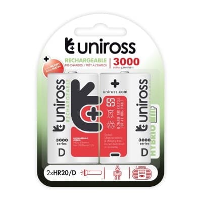 Pack 2 x Pile Rechargeable D HR20 UNIROSS 3000mAh NiMh HYBRIO pre-charged UH2D3000