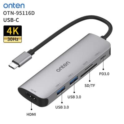 Adaptateur HUB 6 en 1 Type-c vers HDMI 4K + 2 x USB 3.0 + SD/TF + Type-c en alliage d'aluminium ONTEN OTN-95116D