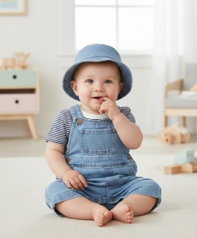 Vertbaudet Ensemble Bébé 03 Pièces Salopette Jean, Body & Bob, Denim Bleached, Produit Original