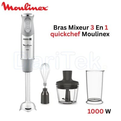 Bras Mixeur 3en1 Plongeant Moulinex QuickChef 1000W et 10 Vitesses avec Hachoir et Verre doseur
