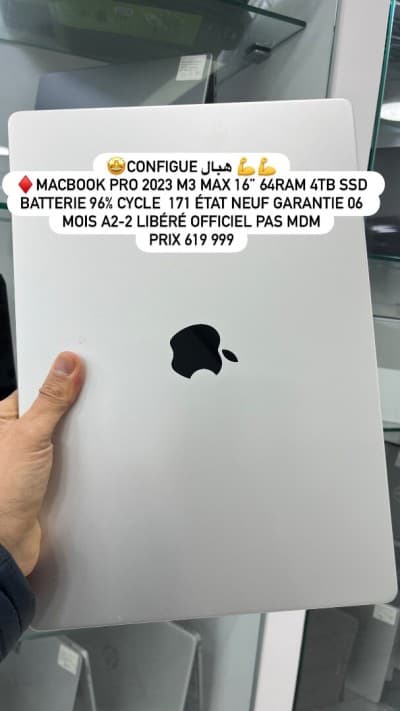 MACBOOK PRO 2023 M3 MAX 16'' 64RAM 4TB SSD BATTERIE 96% CYCLE 171 ÉTAT NEUF GARANTIE 06 MOIS A2-2 LIBÉRÉ OFFICIEL