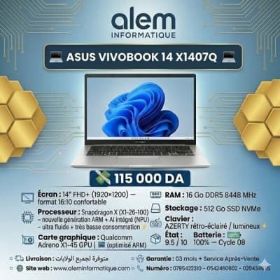 ASUS VivoBook 14 X1407Q / Snapdragon X / 16 Go / 512 Go SSD / FHD+