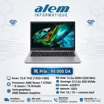 Acer Aspire 3 15 / Ryzen 7 5700U / 16 Go / 512 Go SSD / 15.6 FHD