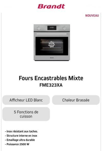 Four encastrable Brandt gaz-électrique inox