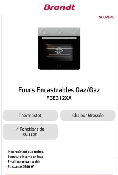Four encastrable Brandt Gaz-Gaz inox
