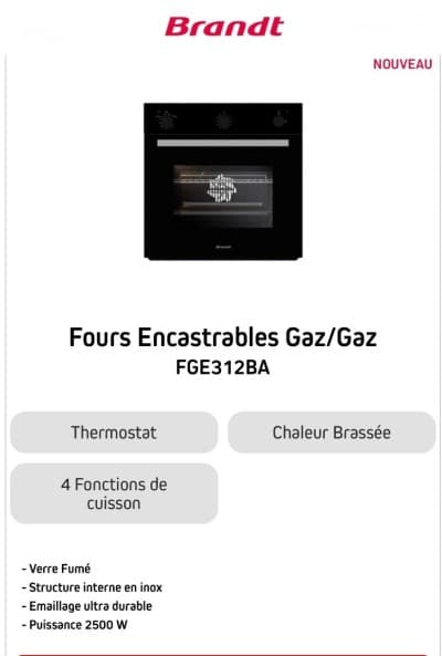 Four encastrable Brandt Gaz-Gaz noire