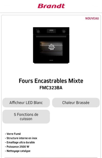 Four encastrable Brandt mixte Gaz-Electrique noire
