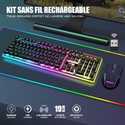 RedThunder K10 Clavier ET Souris Gaming sans Fil, AZERTY, RGB, Rechargeables, Souris 7D 3200DPI