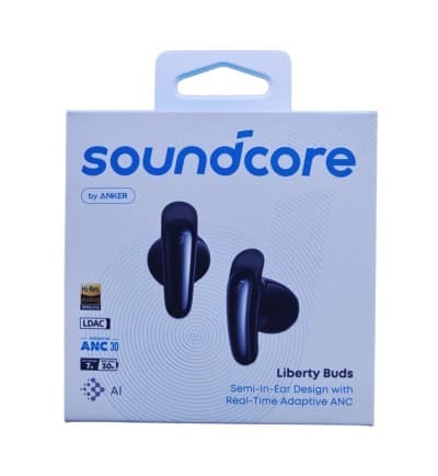 Airpods Soundcore Anker Liberty Buds , Semi Intra Auriculaires, ailettes Amovibles, Annulation de Bruit adaptative en Temps réel, Charge Rapide, Bluetooth sans Fil, Traduction, 30h d'autonomie