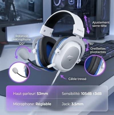 Casque de jeu HAVIT H2002d, fiche 3,5 mm, pour PC, PS4, XBOX ONE BLANC