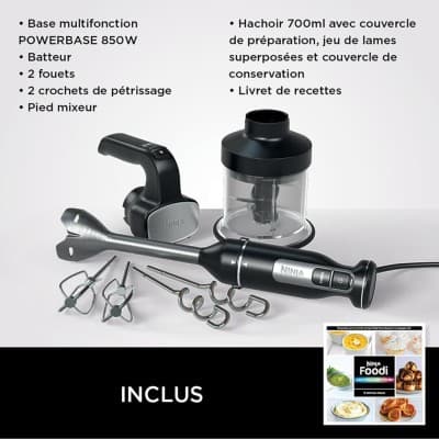 Bras Mixeur NINJA Foodi 3-en-1, Mélangeur Hachoir à main, pétrir,850W,NOIR-ci100