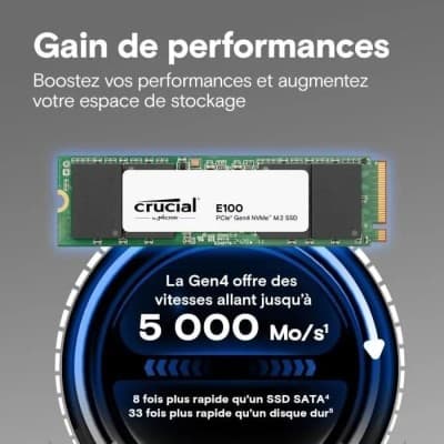 SSD CRUCIAL interne - E100 1To PCIe Gen4 NVMe M.2 Jusqu'à 5000 Mo/S