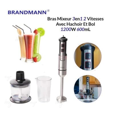 Bras Mixeur 3en1 2 Vitesses Avec Hachoir Et Bol 600mL, 1200W Brandmann