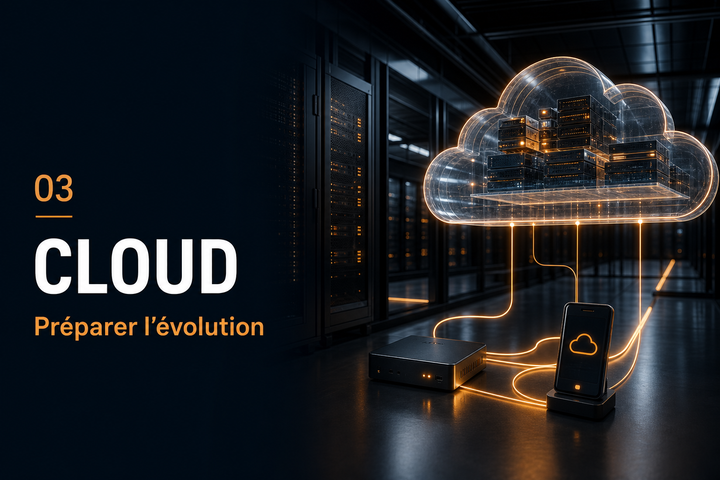 Plan technique bleu reliant le cloud aux postes, serveurs et terminaux d’une infrastructure logicielle.