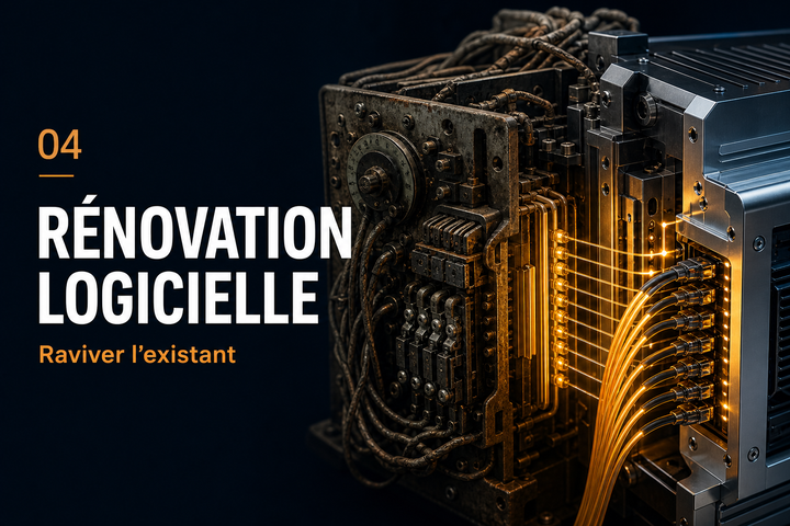 Ancien système informatique relié à une architecture moderne par des circuits lumineux, symbole de rénovation logicielle.