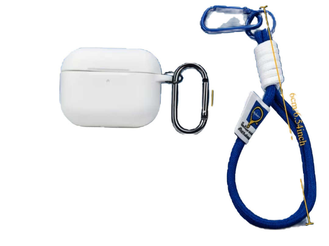 Closed white earbud case shown with a blue cord and clips