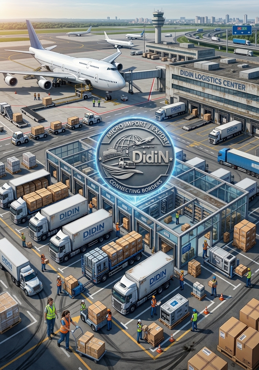 Scène logistique DidiN avec avions, camions et marchandises