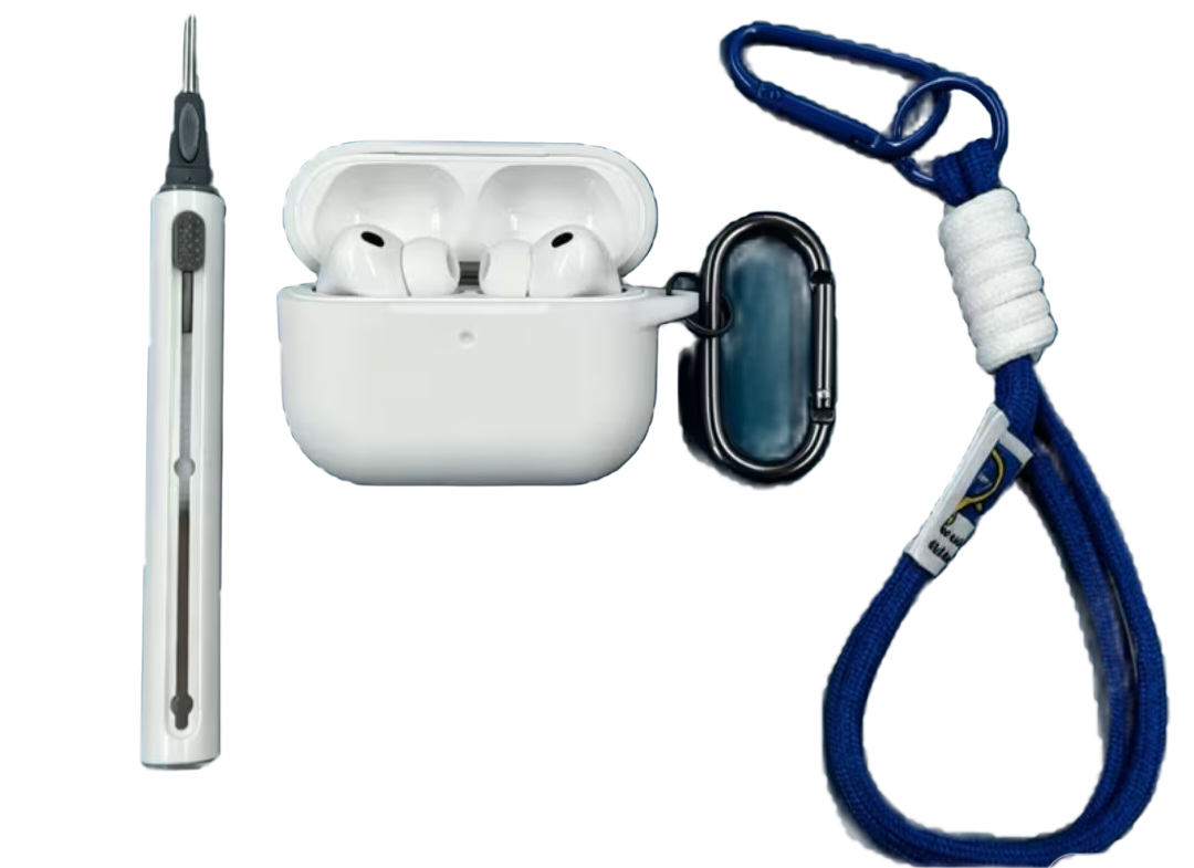 Open white earbud case with earbuds, a blue cord, clips and a slim tool