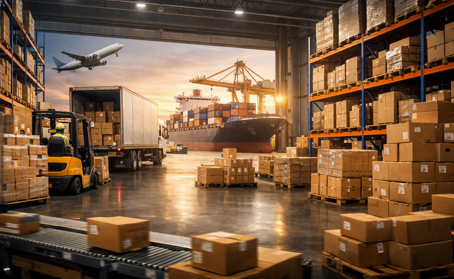 Entrepôt de marchandises avec camion, navire et avion